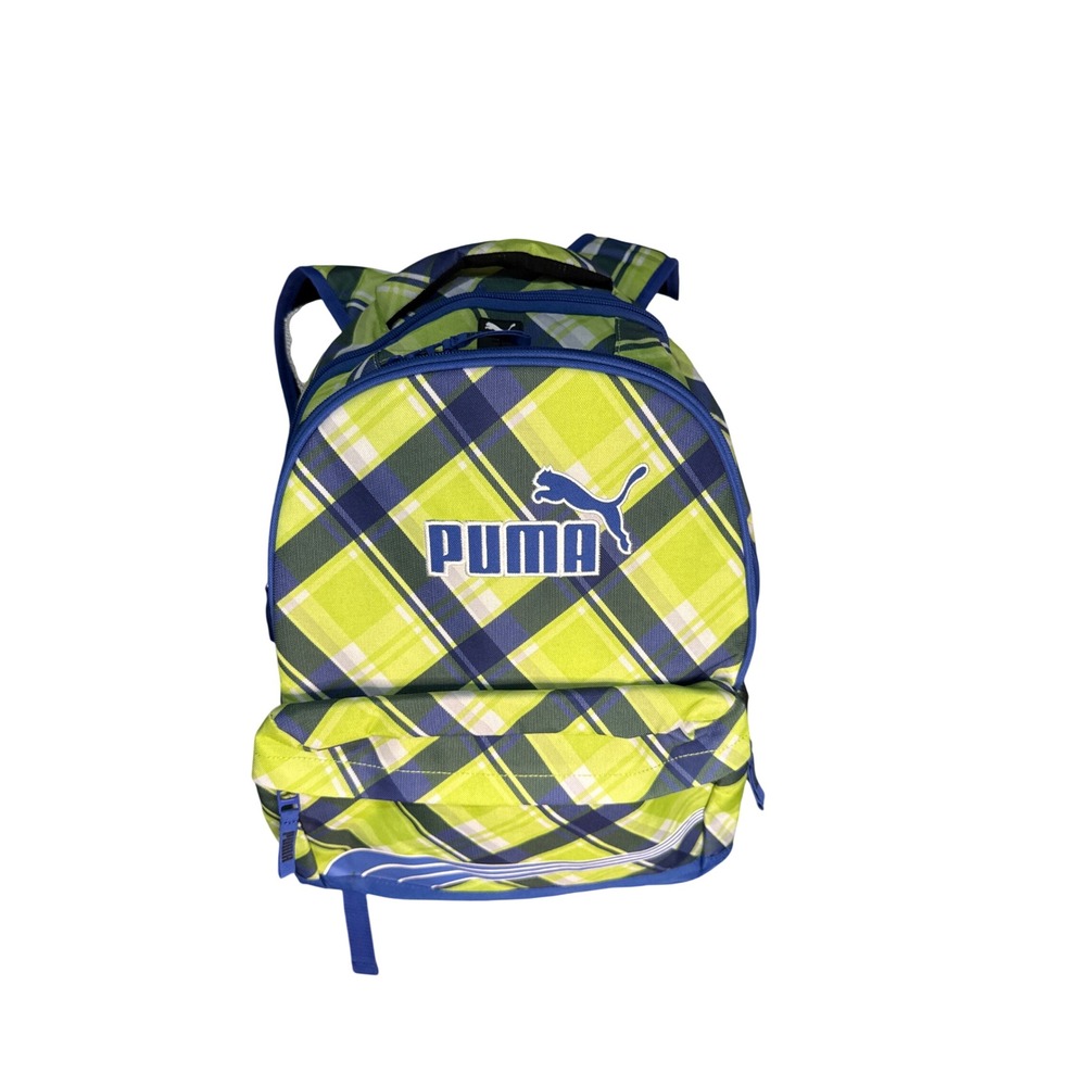 Puma Backpack Lime Green Navy Blue Plaid Sport School OSFA Pad Straps Like New